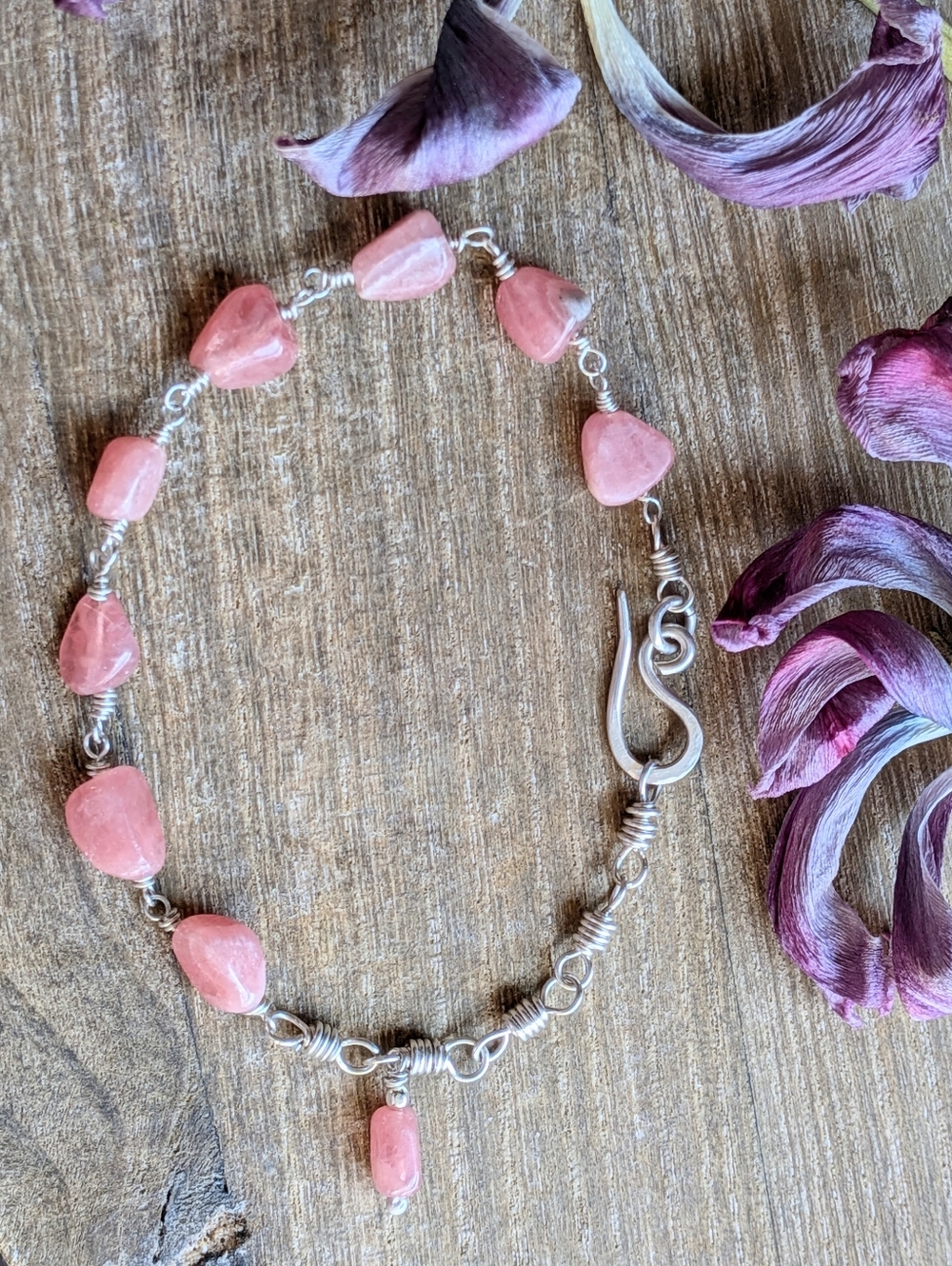 Sterling Silver Bracelet- Pink Gemstones-Artisan Crafted Chain